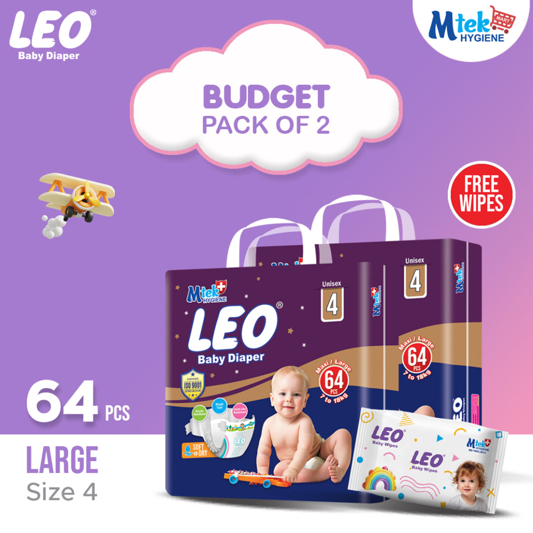 Leo Budget Pack Baby Diaper – Size 4, Large – 64 Pcs (Pack of 2) + Free WIpes
