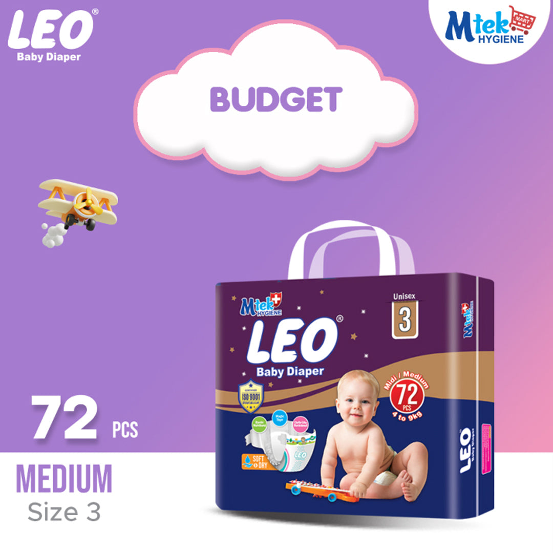 Leo Budget Pack Baby Diaper – Size 3, Medium – 72 Pcs