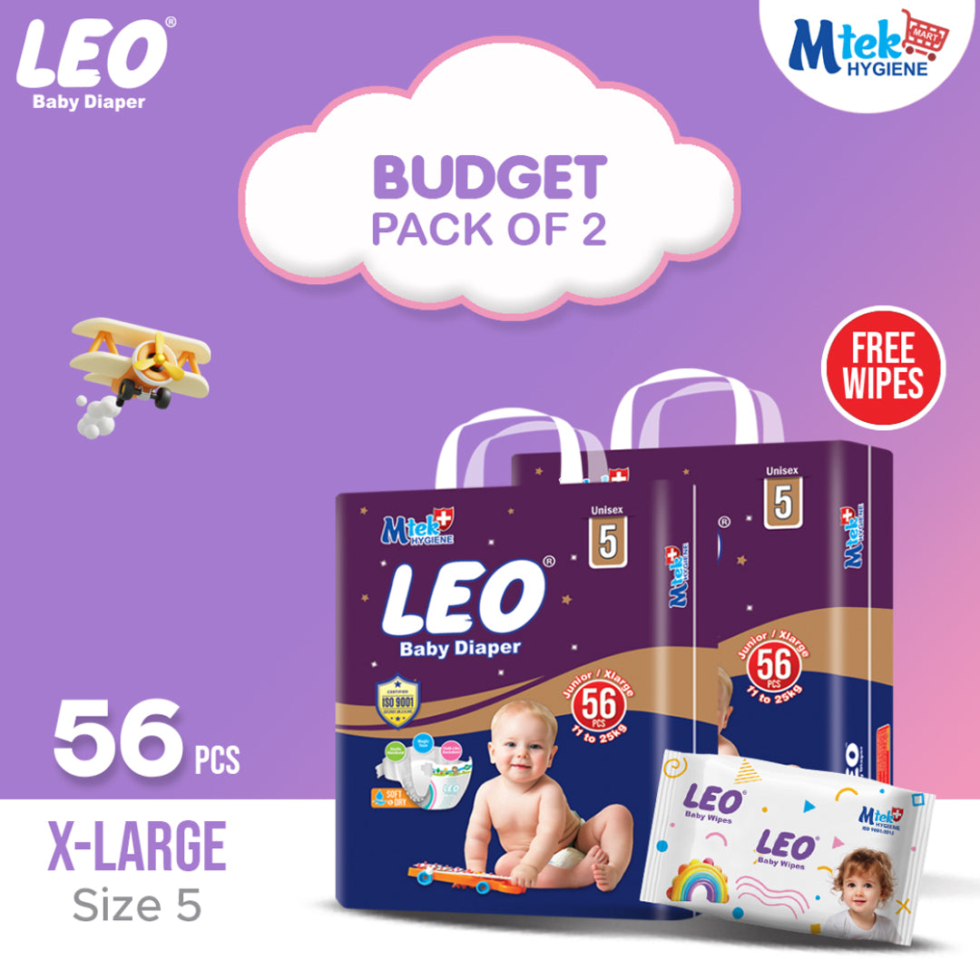 Leo Budget Pack Baby Diaper – Size 5, X-Large – 56 Pcs (Pack of 2) + Free Wipes