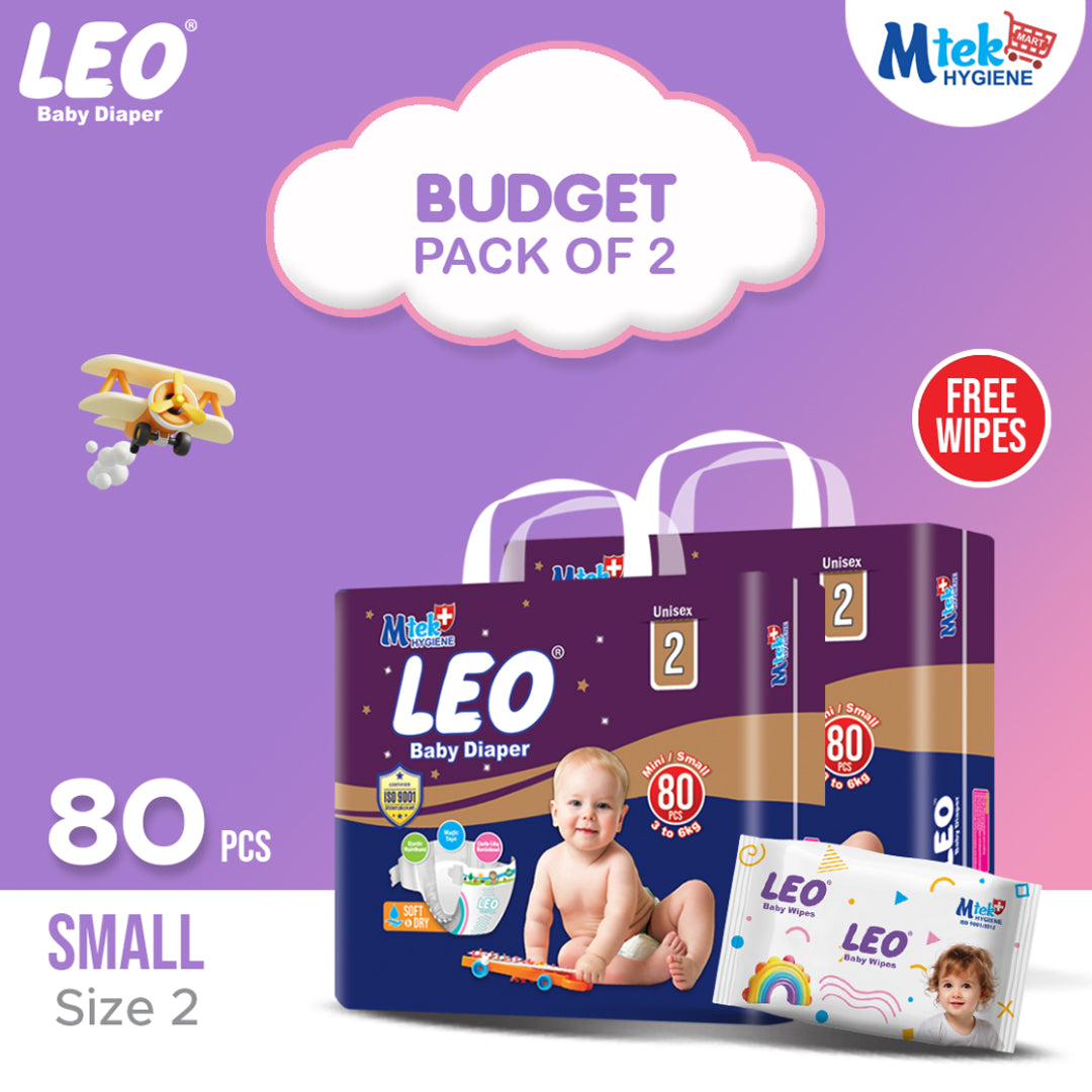 Leo Budget Pack Baby Diaper – Size 2, Small – 80 Pcs (Pack of 2) + Free Wipes
