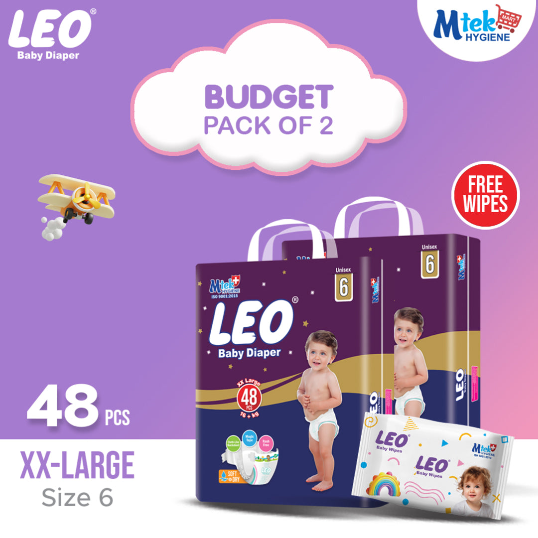 Leo Budget Pack Baby Diaper – Size 6, XX-Large – 48 Pcs (Pack of 2) + Free Wipes