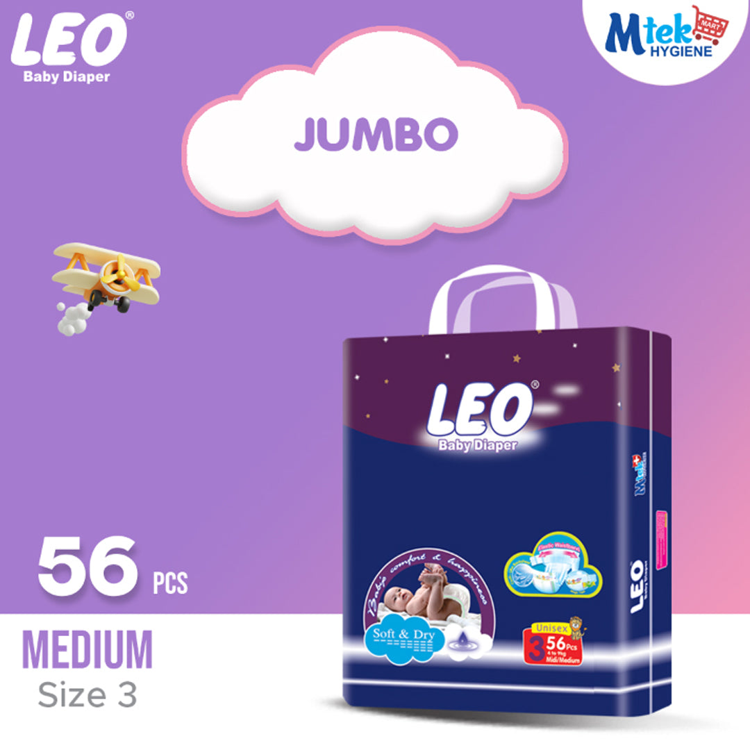 Leo Jumbo Pack Baby Diaper – Size 3, Medium – 56 Pcs