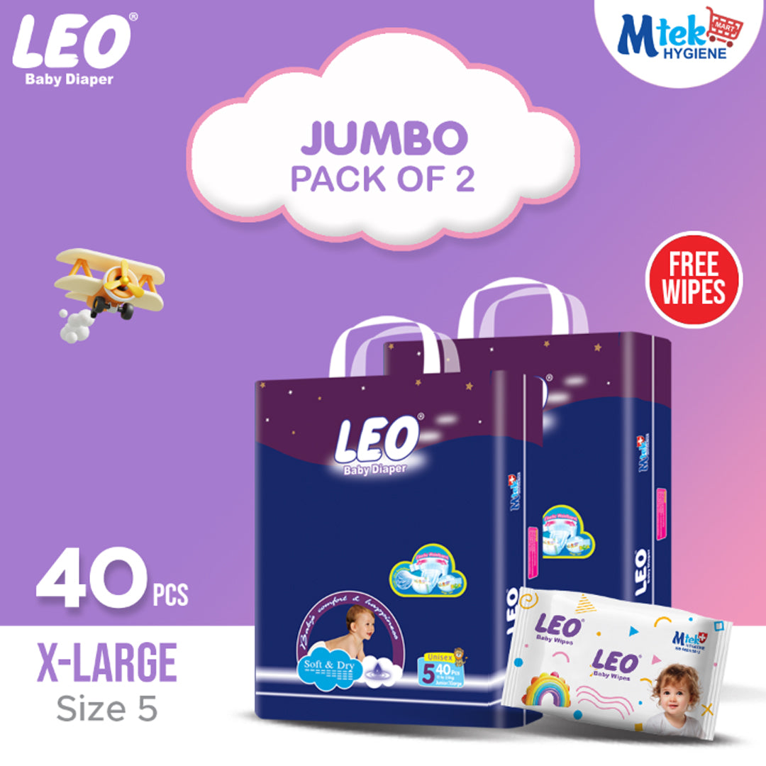 Leo Jumbo Pack Baby Diaper – Size 5, X-Large – 40 Pcs (Pack of 2) + Free Wipes