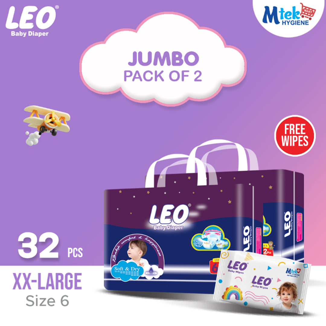 Leo Jumbo Pack Baby Diaper – Size 6, XX-Large – 32 Pcs (Pack of 2) + Free Wipes