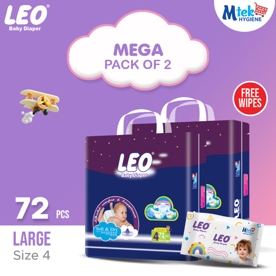 Leo Mega Pack Baby Diaper – Size 4, Large – 72 Pcs (Pack of 2) + Free Wipes