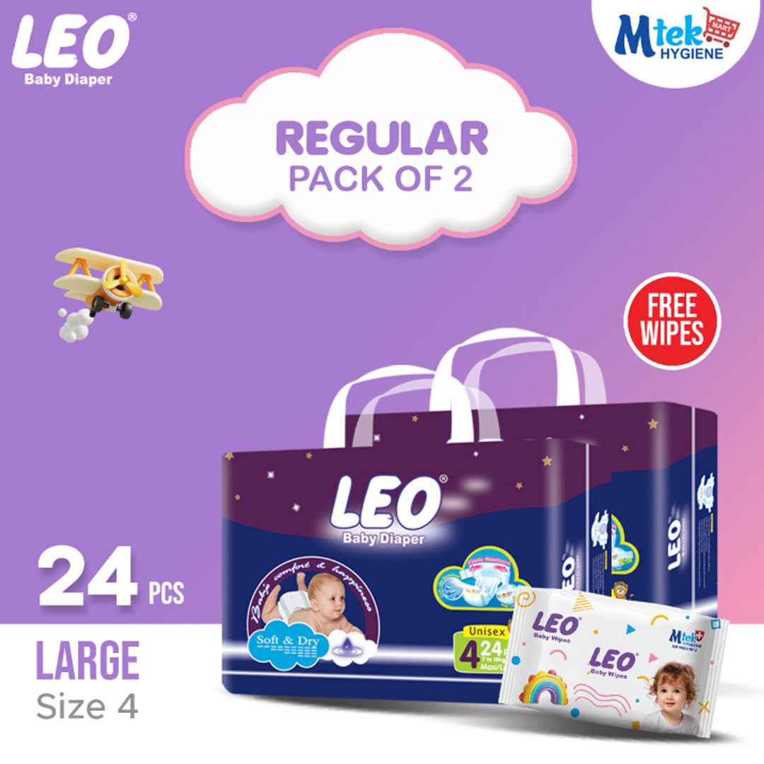 Leo Regular Pack Baby Diaper – Size 4, Large – 24 Pcs (Pack of 2) + Free Wipes