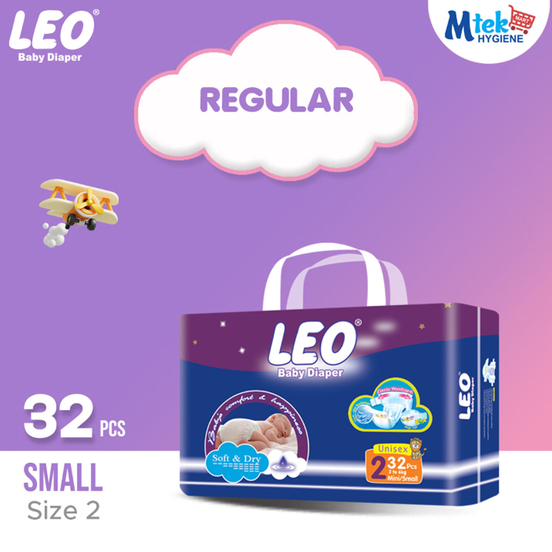 Leo Regular Pack Baby Diaper – Size 2, Small – 32 Pcs