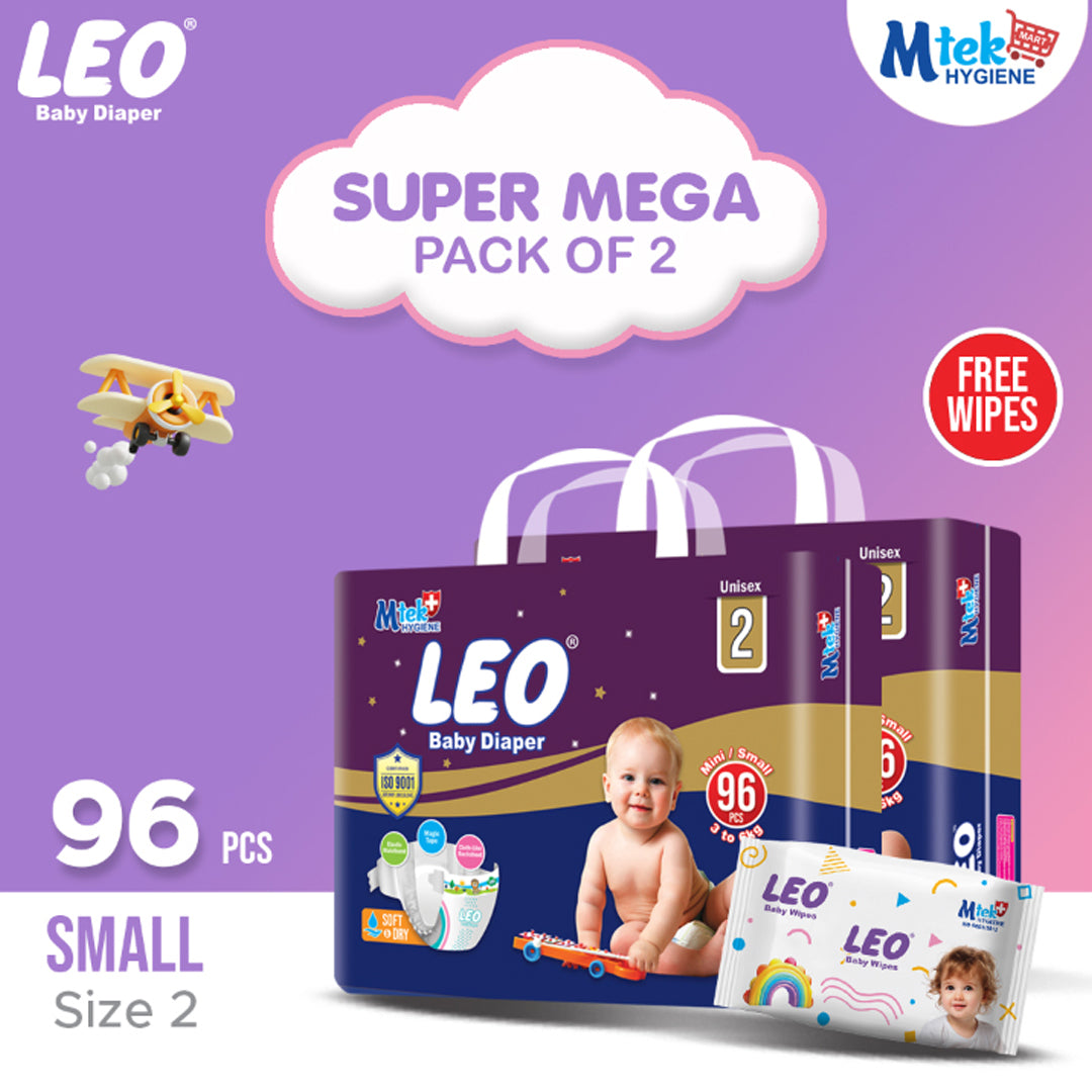 Leo Super Mega Pack Baby Diaper – Size 2, Small – 96 Pcs (Pack of 2) + Free Wipes