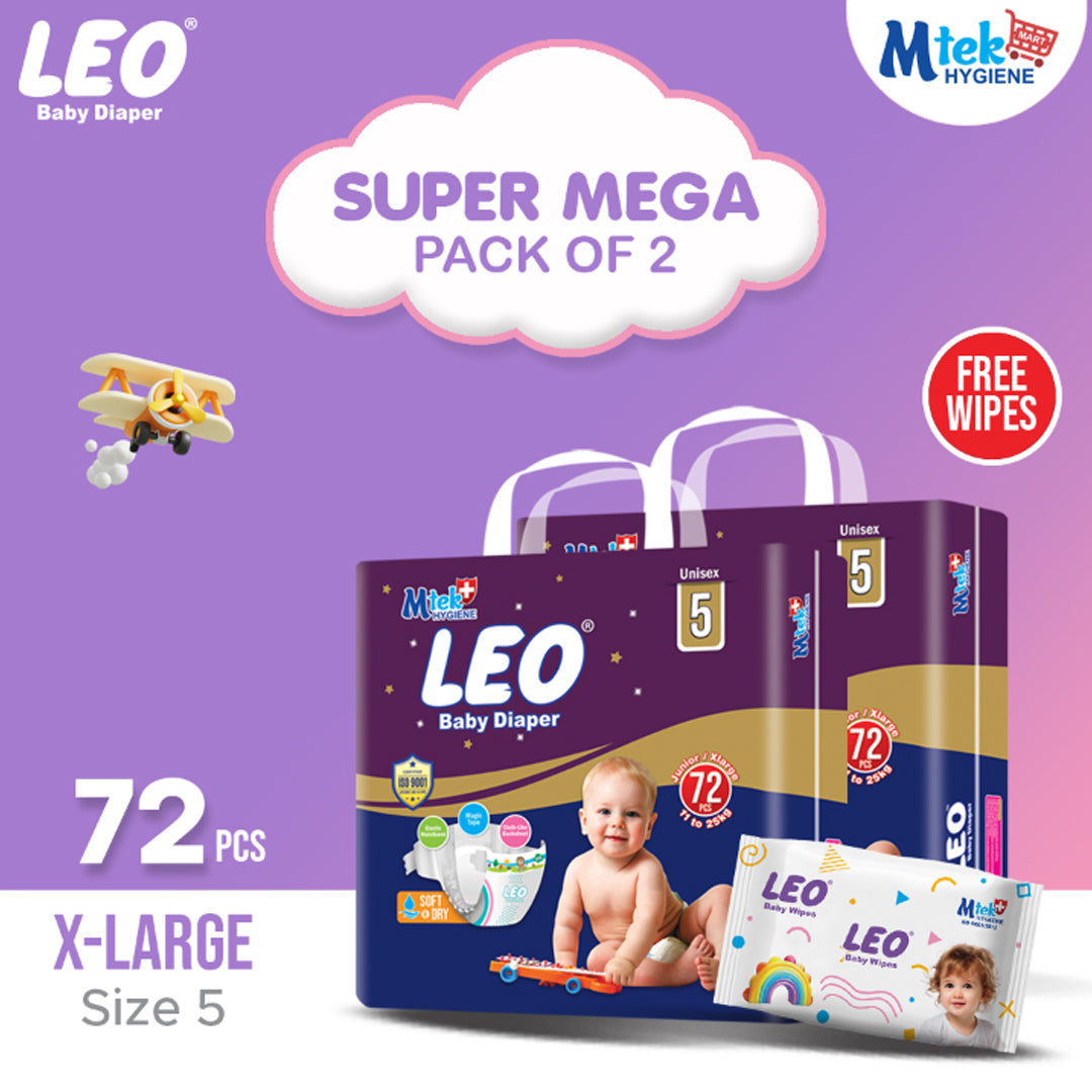 Leo Super Mega Pack Baby Diaper – Size 5, X-Large – 72 Pcs (Pack of 2) + Free Wipes