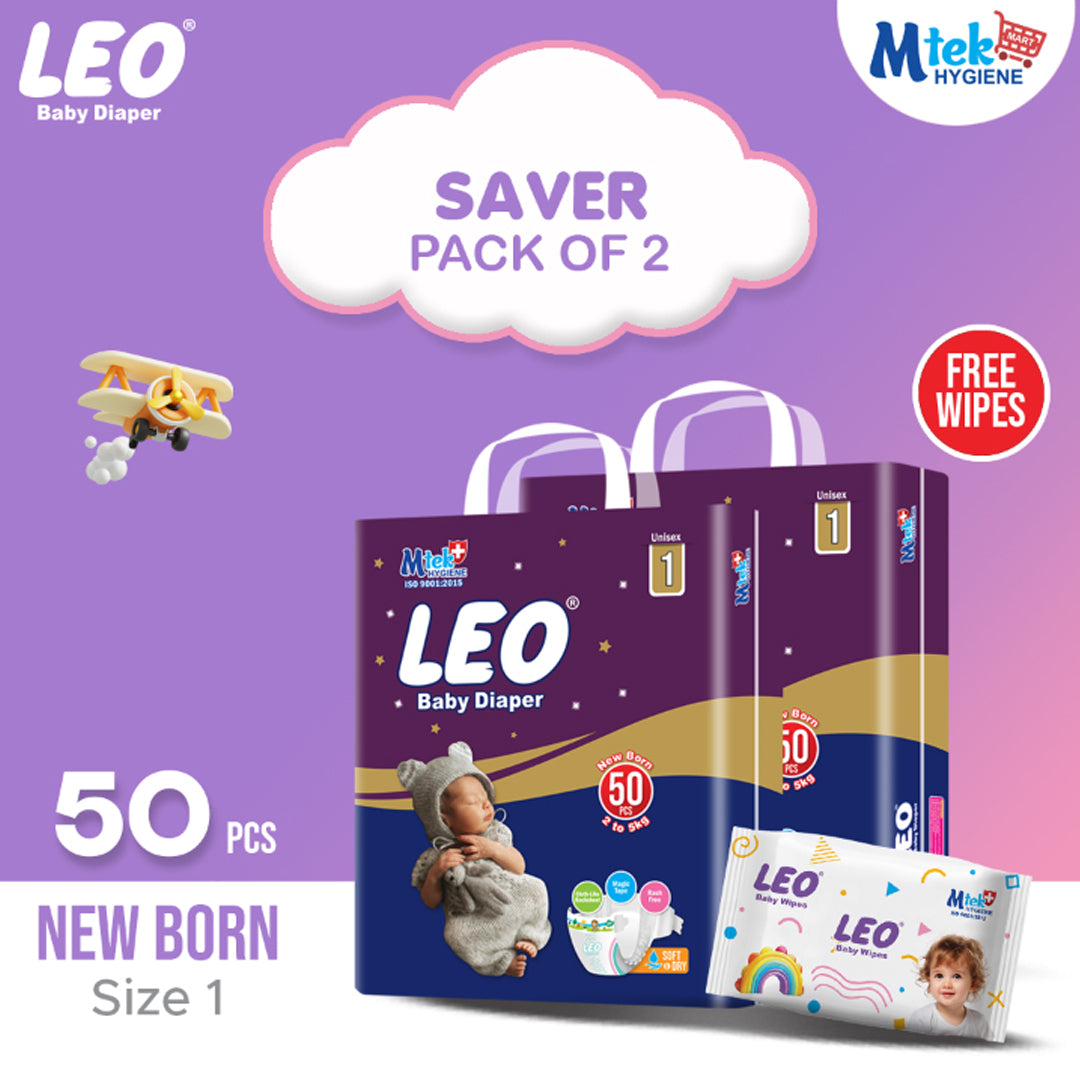 Leo Saver Pack Baby Diaper – Size 1, NewBorn – 50 Pcs (Pack of 2) + Free Wipes