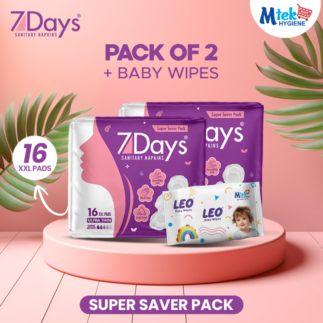 7 Days Sanitary Napkins Ultra Thin Super Saver Pack of 2 + Free Wipes