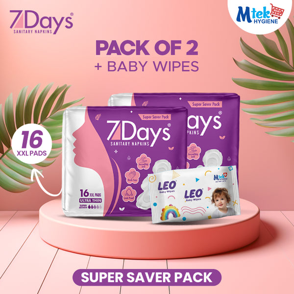 7 Days Sanitary Napkins Ultra Thin Super Saver Pack of 2 + Free Wipes