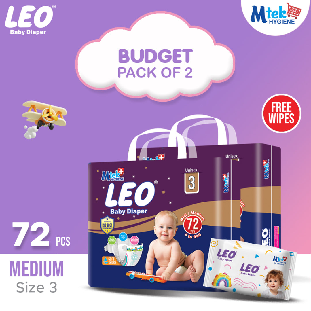 Leo Budget Pack Baby Diaper – Size 3, Medium – 72 Pcs (Pack of 2) + Free Wipes