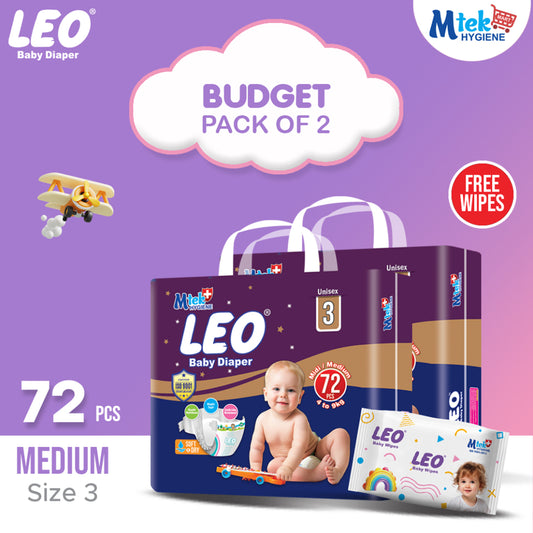 Leo Budget Pack Baby Diaper – Size 3, Medium – 72 Pcs (Pack of 2) + Free Wipes