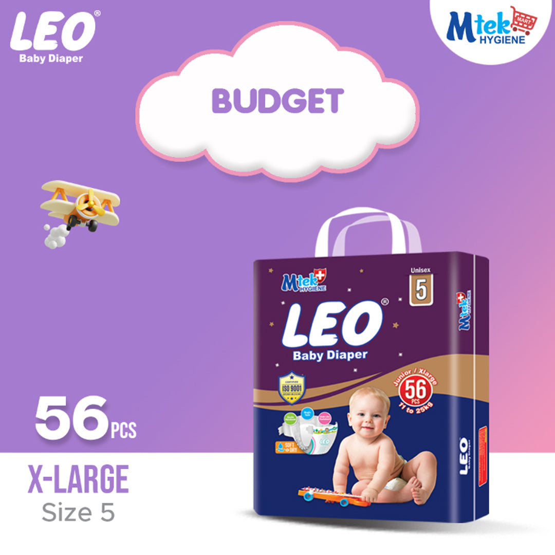 Leo Budget Pack Baby Diaper – Size 5, X-Large – 56 Pcs