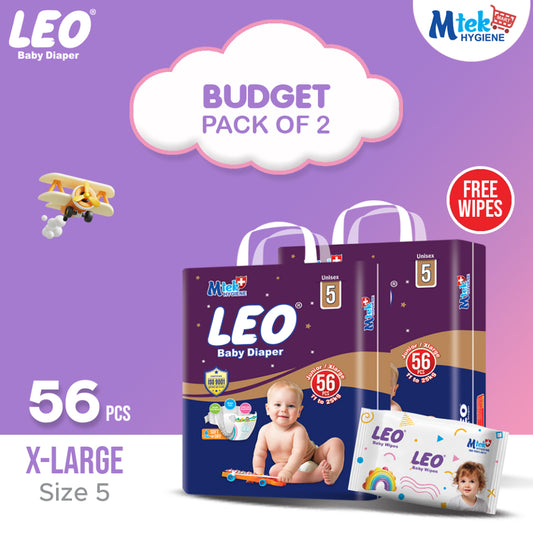 Leo Budget Pack Baby Diaper – Size 5, X-Large – 56 Pcs (Pack of 2) + Free Wipes