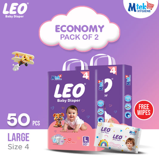 Leo  Economy Pack – Size – 4, Large – 50 Pcs (Pack of 2) + Free Wipes