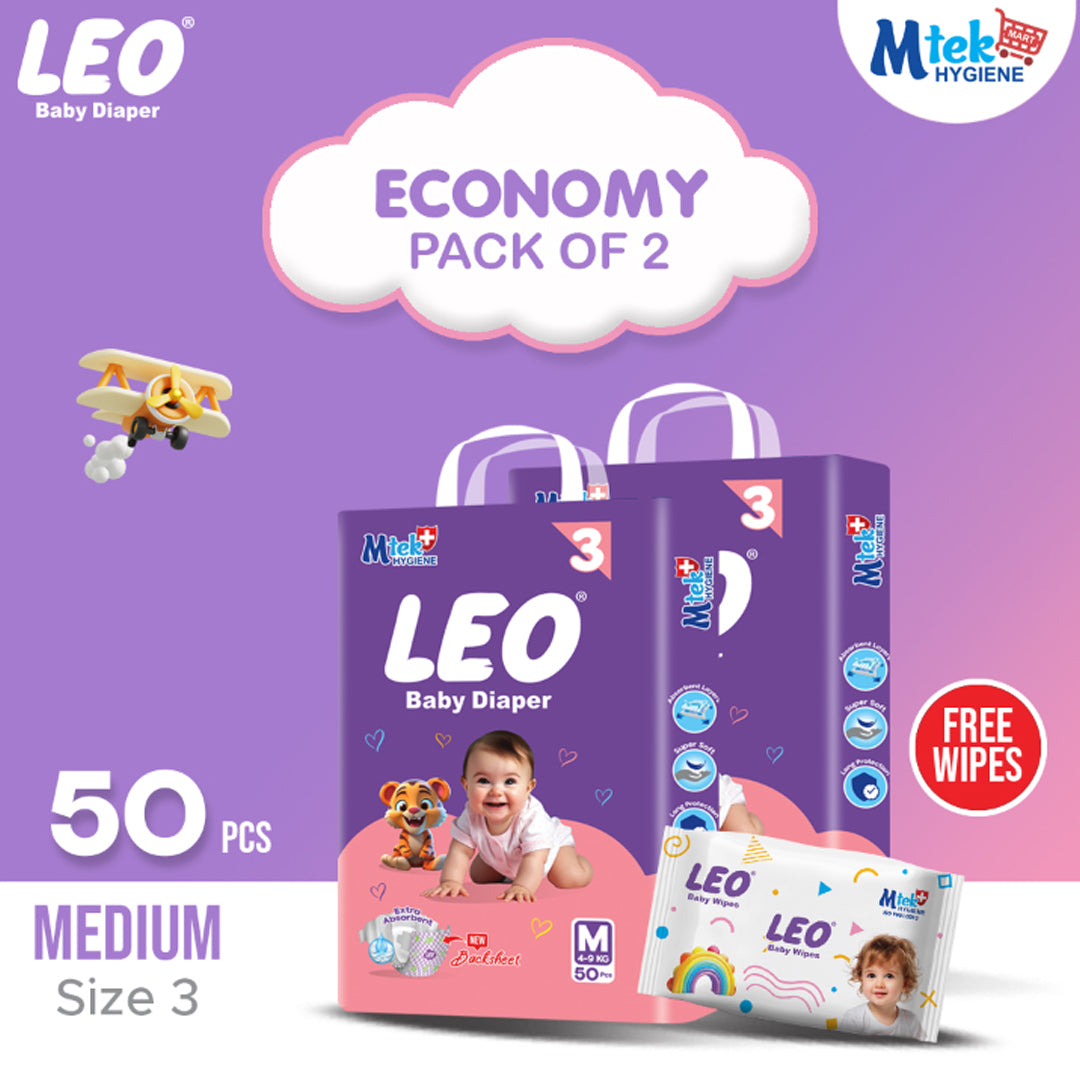 Leo Economy Pack – Size – 3, Medium – 50 Pcs (Pack of 2) + Free Wipes