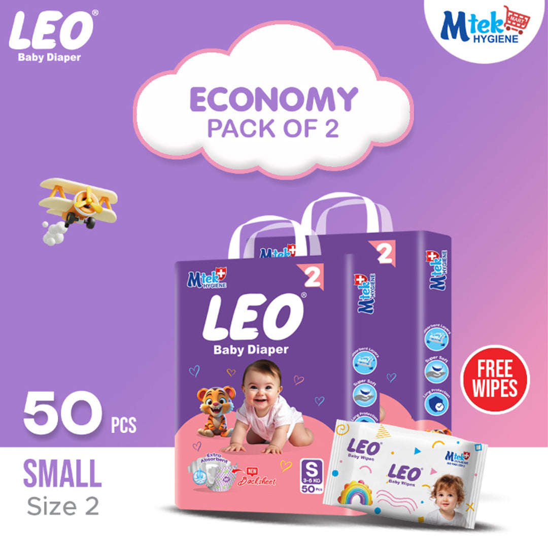 Leo Economy Pack – Size – 2, Small – 50 Pcs (Pack of 2) + Free Wipes