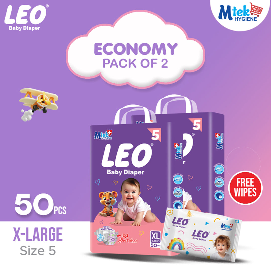 Leo Economy Pack – Size – 5, X Large – 50 Pcs (Pack of 2) + Free Wipes