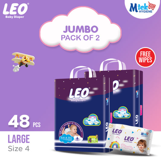Leo Jumbo Pack Baby Diaper – Size 4, Large – 48 Pcs (Pack of 2) + Free Wipes