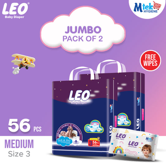 Leo Jumbo Pack Baby Diaper – Size 3, Medium – 56 Pcs (Pack of 2) + Free Wipes