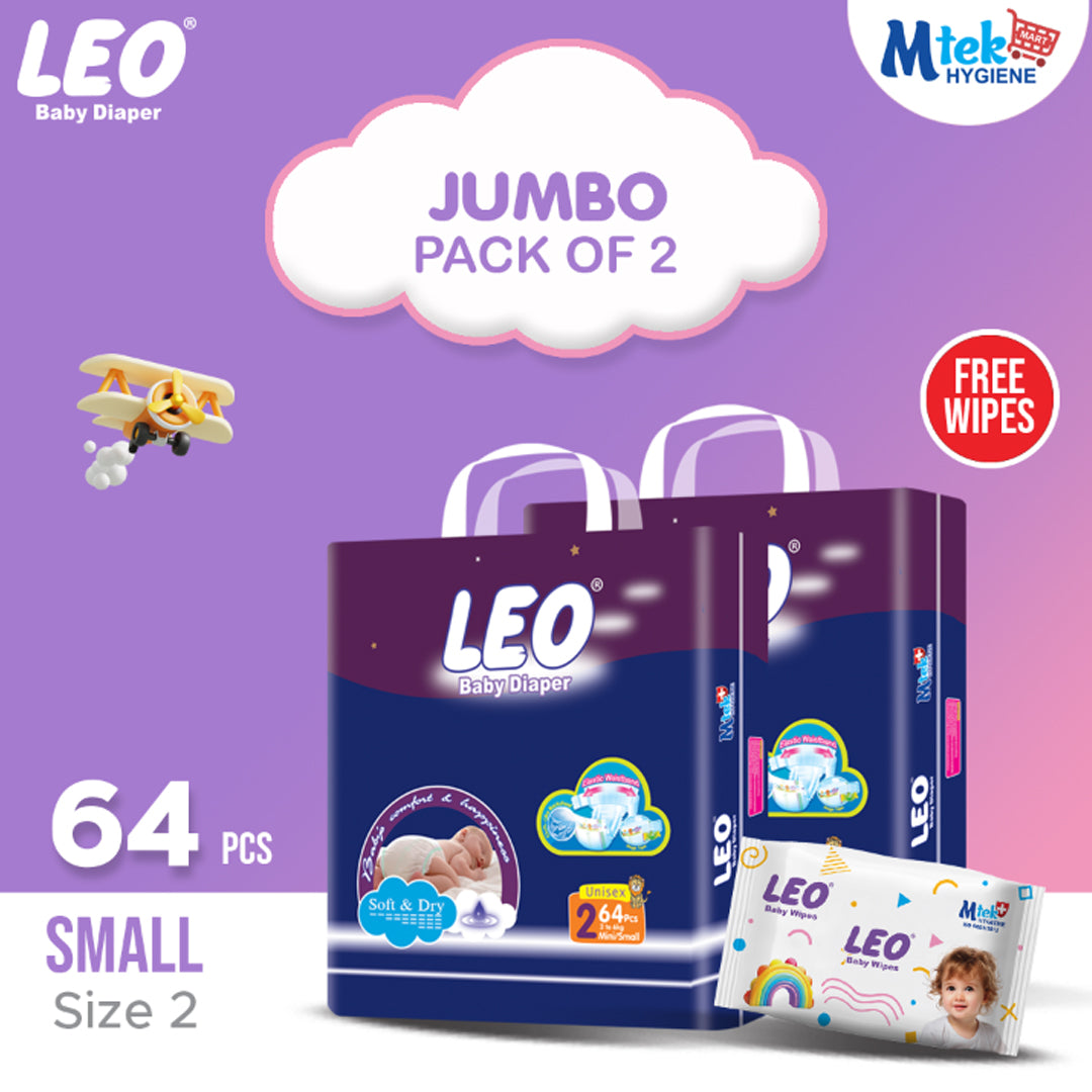 Leo Jumbo Pack Baby Diaper – Size 2, Small – 64 Pcs (Pack of 2) + Free Wipes