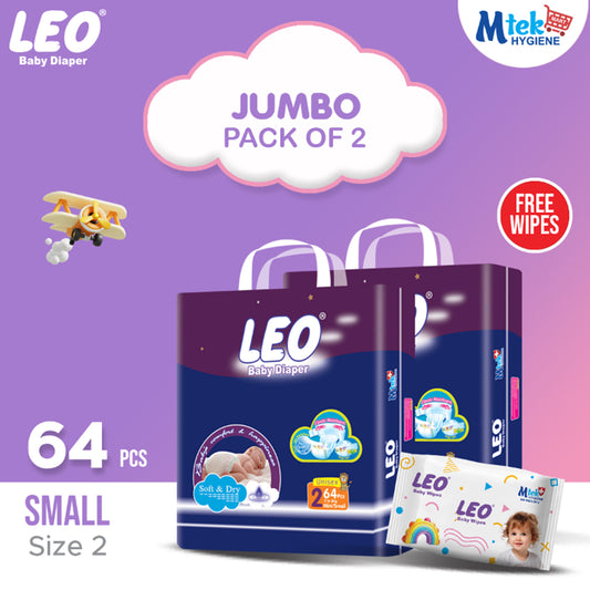 Leo Jumbo Pack Baby Diaper – Size 2, Small – 64 Pcs (Pack of 2) + Free Wipes