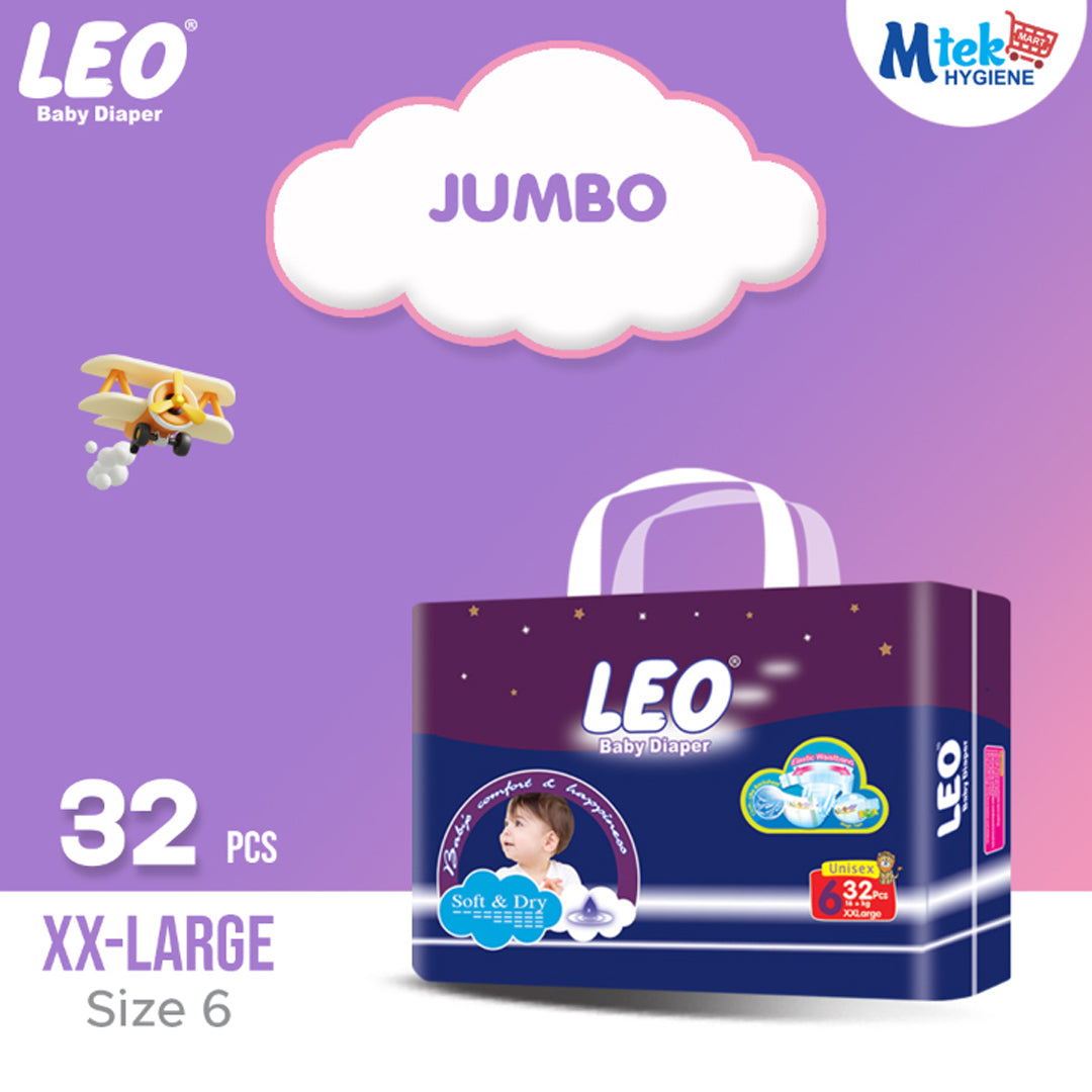 Leo Jumbo Pack Baby Diaper – Size 6, XX-Large – 32 Pcs