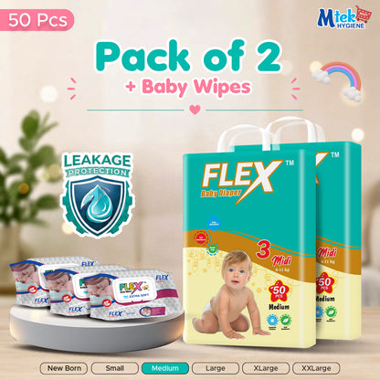 Flex Diaper ( Pack of 2 + 3 Baby Wipes )