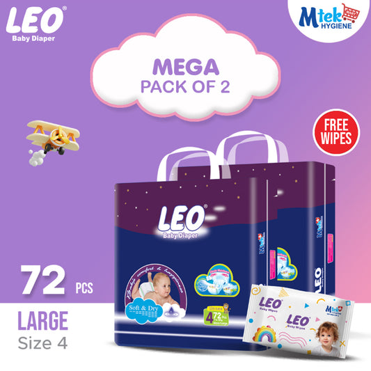 Leo Mega Pack Baby Diaper – Size 4, Large – 72 Pcs (Pack of 2) + Free Wipes