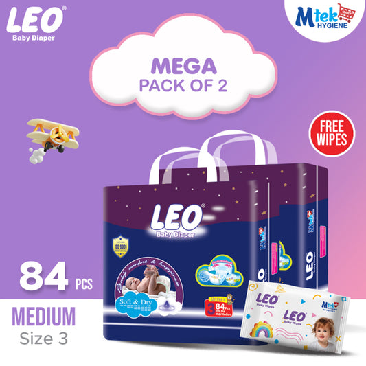 Leo Mega Pack Baby Diaper – Size 3, Medium – 84 Pcs (Pack of 2) + Free Wipes