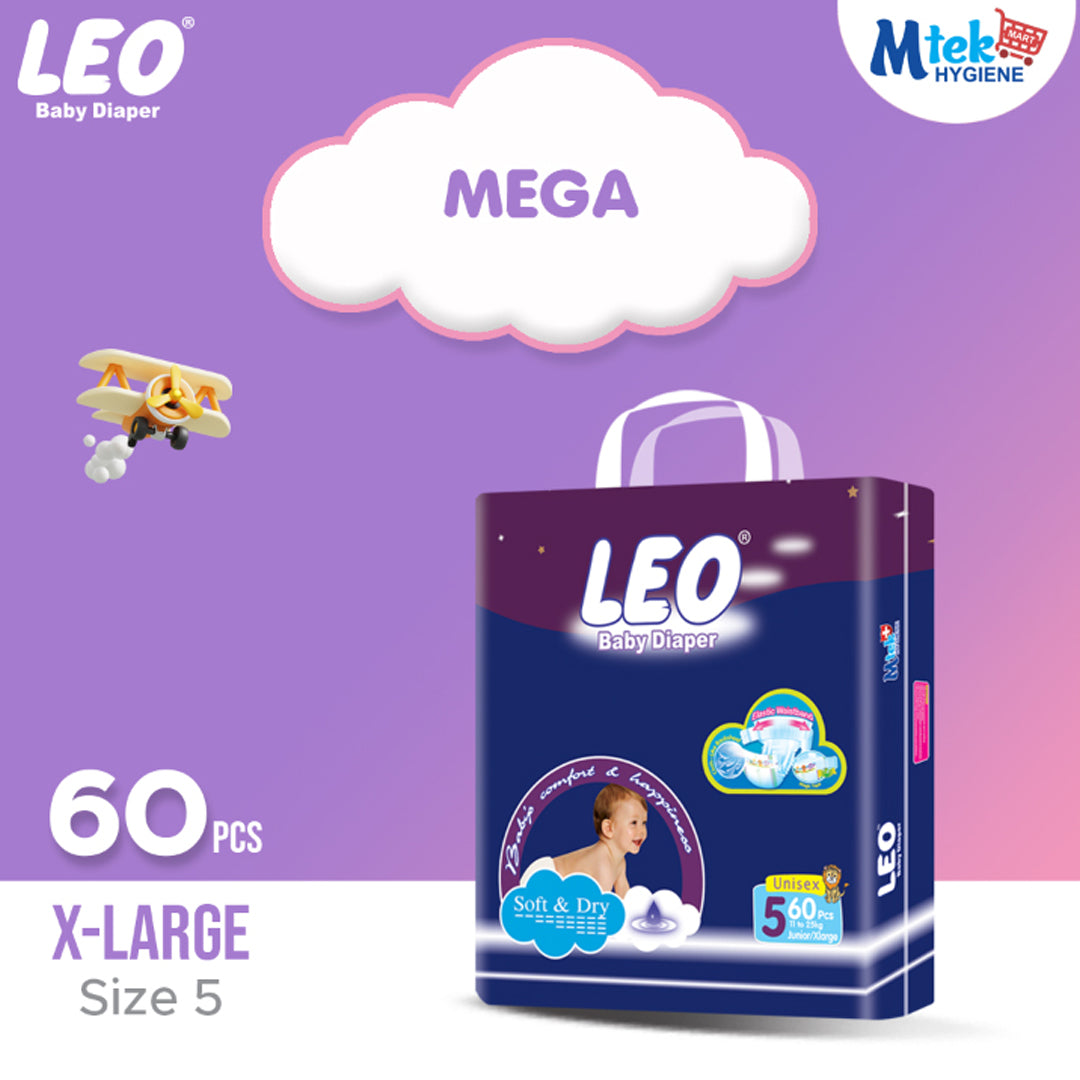 Leo Mega Pack Baby Diaper – Size 5, X-Large – 60 Pcs