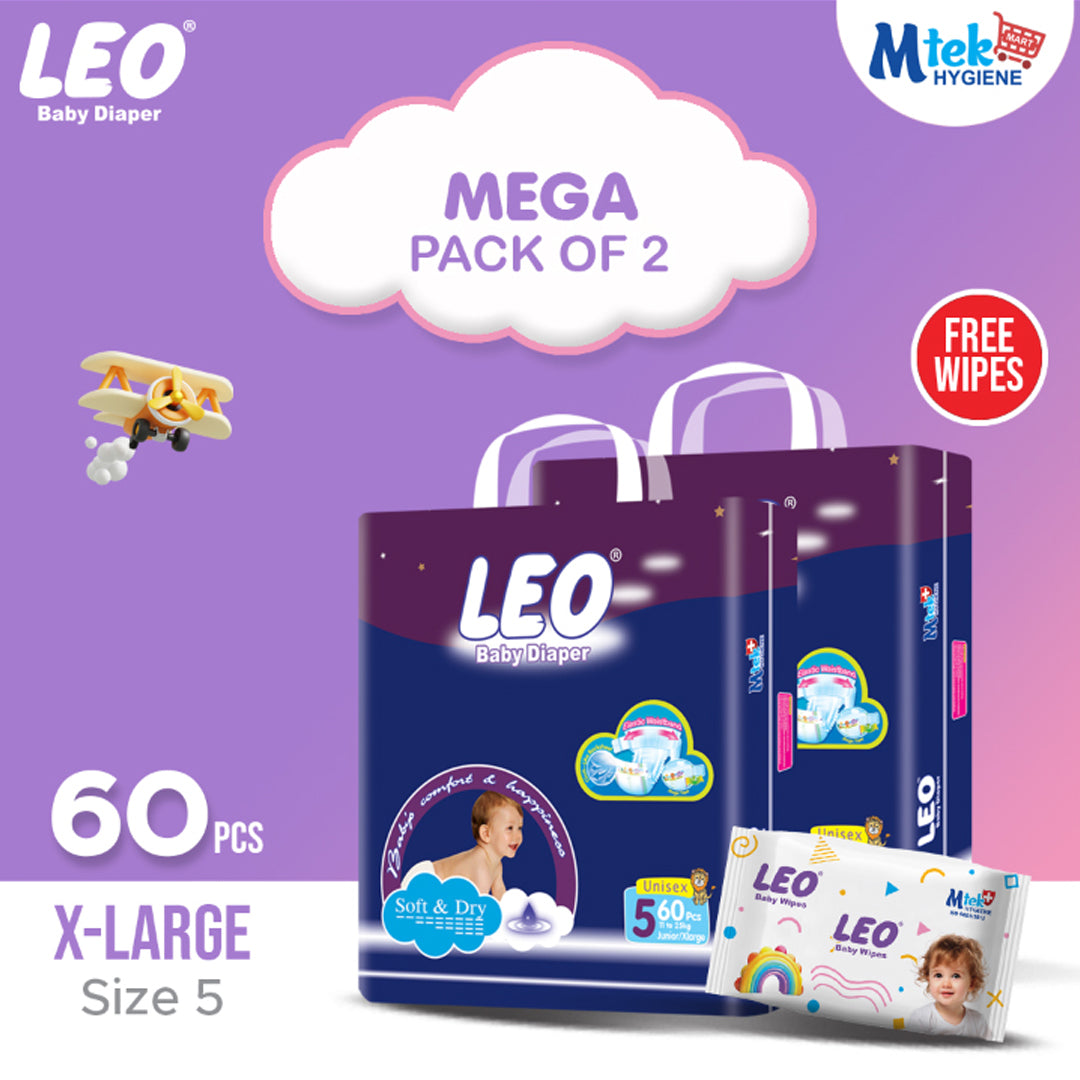 Leo Mega Pack Baby Diaper – Size 5, X-Large – 60 Pcs (Pack of 2) + Free Wipes