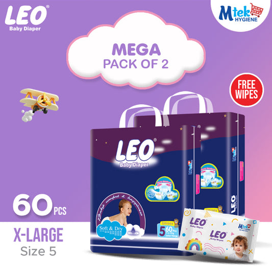 Leo Mega Pack Baby Diaper – Size 5, X-Large – 60 Pcs (Pack of 2) + Free Wipes