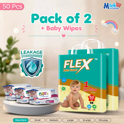 Flex Diaper ( Pack of 2 + 3 Baby Wipes )