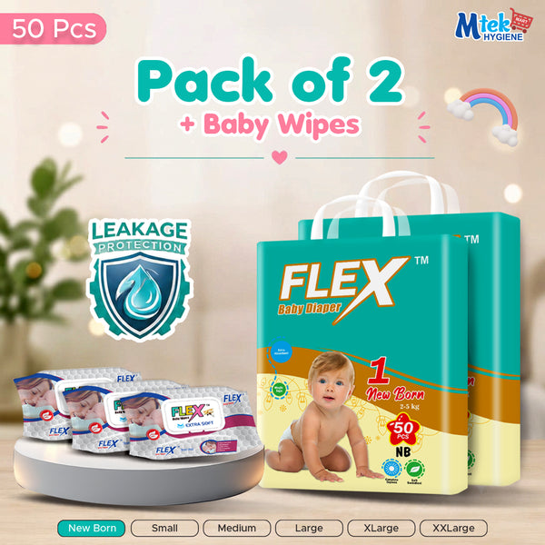 Flex Diaper ( Pack of 2 + 3 Baby Wipes )