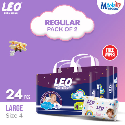 Leo Regular Pack Baby Diaper – Size 4, Large – 24 Pcs (Pack of 2) + Free Wipes