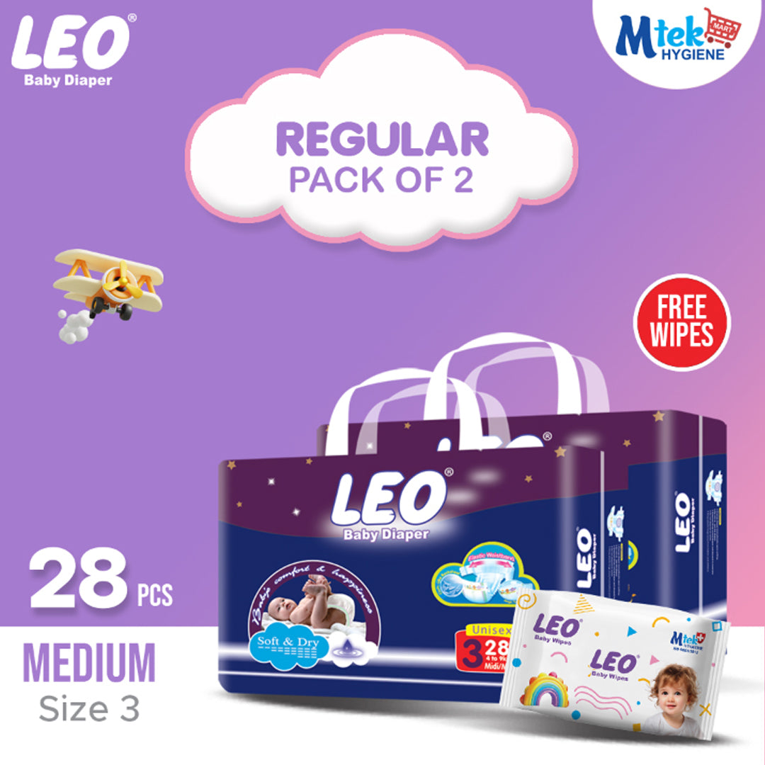 Leo Regular Pack Baby Diaper – Size 3, Medium – 28 Pcs (Pack of 2) + Free Wipes