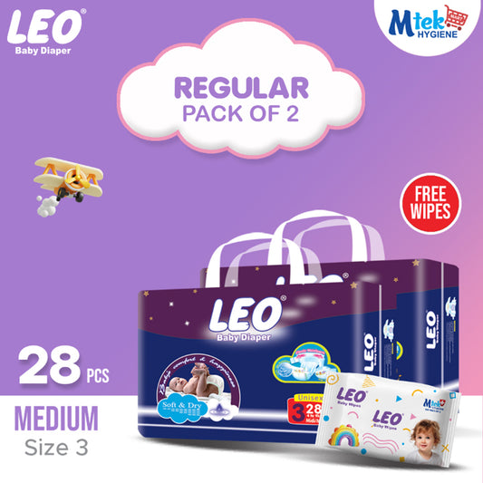 Leo Regular Pack Baby Diaper – Size 3, Medium – 28 Pcs (Pack of 2) + Free Wipes
