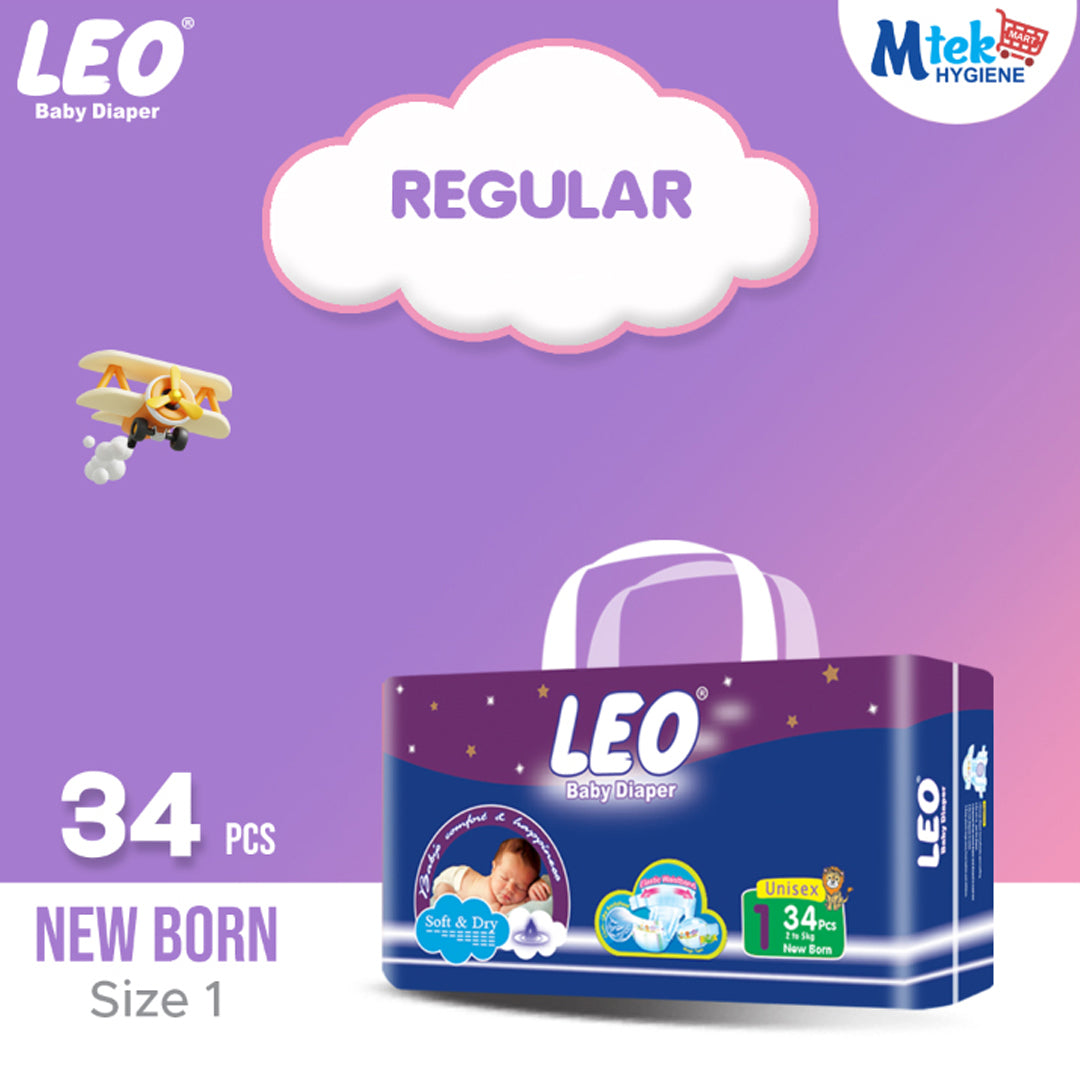 Leo Regular Pack Baby Diaper – Size 1 New Born – 34 Pcs