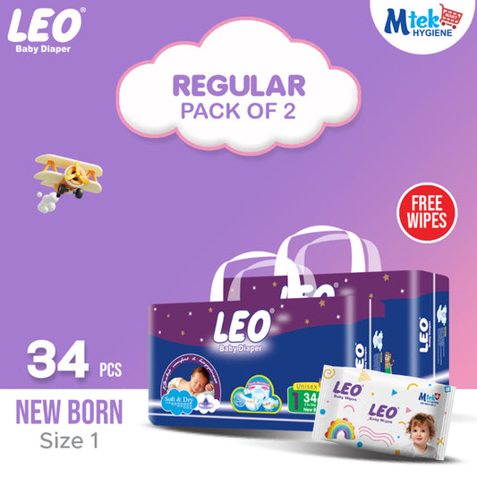 Leo Regular Pack Baby Diaper – Size – 1, New Born – 34 Pcs (Pack of 2) + Free Wipes