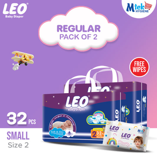 Leo Regular Pack Baby Diaper – Size 2, Small – 32 Pcs (Pack of 2) + Free Wipes