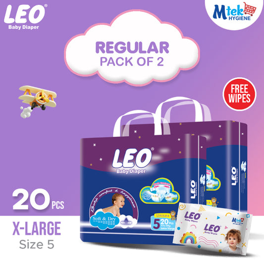 Leo Regular Pack Baby Diaper – Size 5, X-Large – 20 Pcs (Pack of 2) + Free Wipes