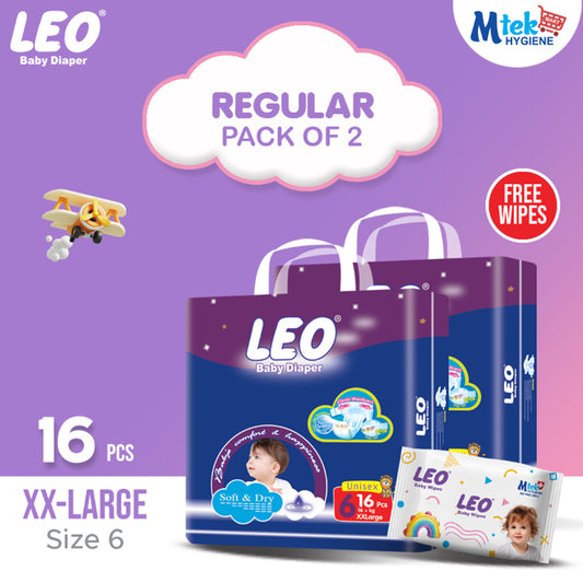 Leo Regular Pack Baby Diaper – Size 6, XX-Large – 16 Pcs (Pack of 2) + Free Wipes