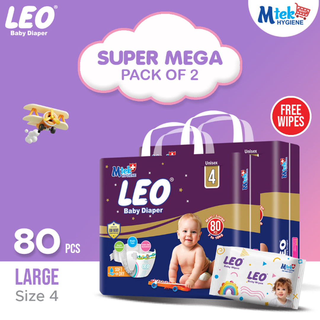 Leo Super Mega Pack Baby Diaper – Size 4, Large – 80 Pcs (Pack of 2) + Free Wipes