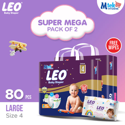 Leo Super Mega Pack Baby Diaper – Size 4, Large – 80 Pcs (Pack of 2) + Free Wipes