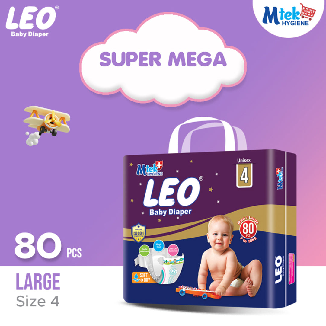 Leo Super Mega Pack Baby Diaper – Size 4, Large – 80 Pcs