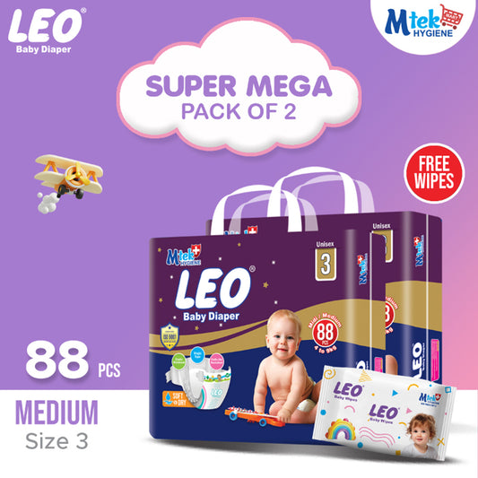 Leo Super Mega Pack Baby Diaper – Size 3, Medium – 88 Pcs (Pack of 2) + Free Wipes