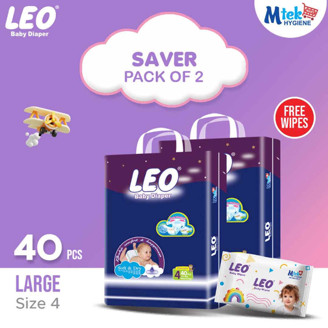 Leo Saver Pack Baby Diaper – Size 4, Large – 40 Pcs (Pack of 2) + Free Wipes
